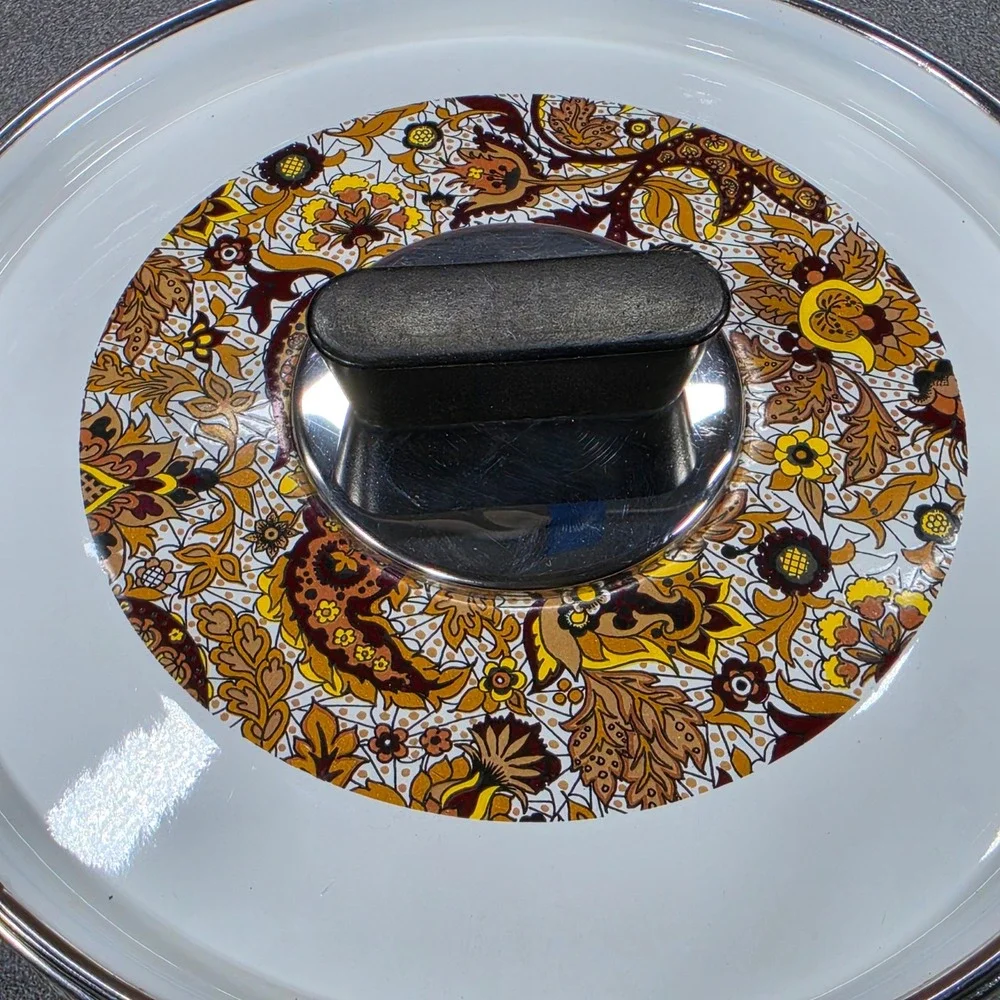 Vintage Fancipans Enamelware Stockpot Set 2pc Brown Gold Paisley Floral 70s